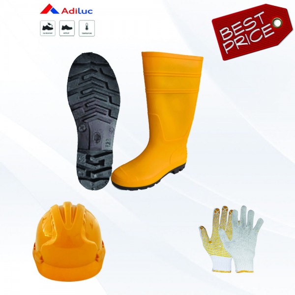 Paket Adiluc - Sungkai Boot Safety Shoes + Helmet ABS + 1Lusin Working Gloves Yellow Dotting